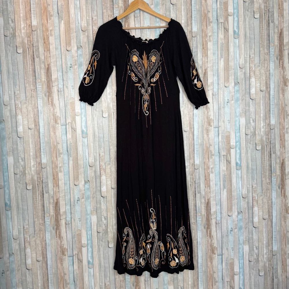 Scully L Embroidered Jersey Boho Peasant Maxi Dress Western Paisley Off Shoulder